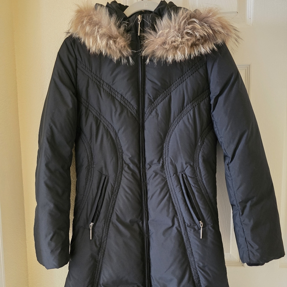 VIA SPIGA Long Black Down Puffer  Raccoon Hooded Jacket Coat XS